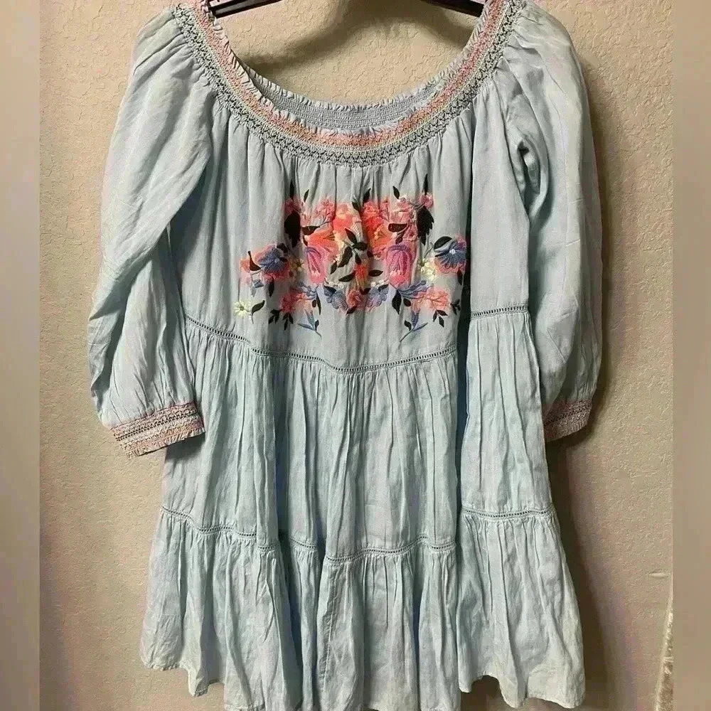 Free People Sky Blue Dress with Floral Design